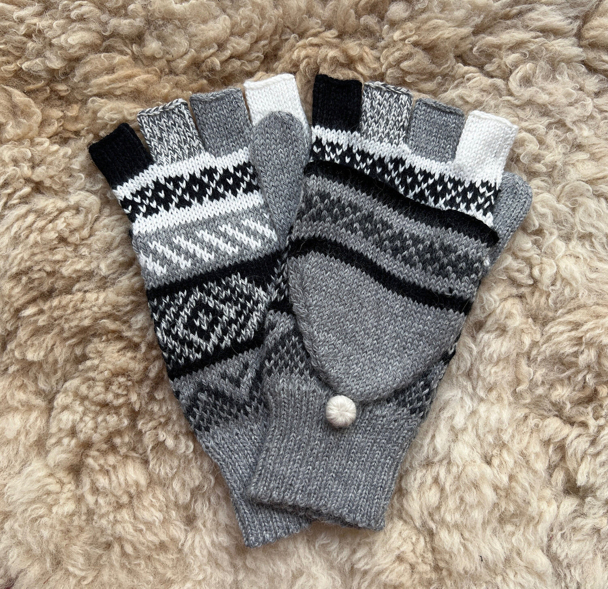 Black & Grey Fair Isle Convertible Alpaca Mittens