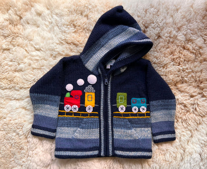 Navy & Grey Train Appliqué Alpaca-Blend Kids Cardigan