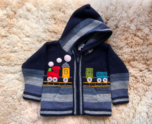 Navy & Grey Train Appliqué Alpaca-Blend Kids Cardigan