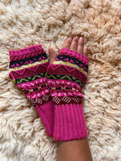 Pink & Cream Fair Isle Long-Cuff Alpaca Fingerless Gloves, photo 2
