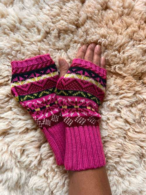 Pink & Cream Fair Isle Long-Cuff Alpaca Fingerless Gloves, photo 2