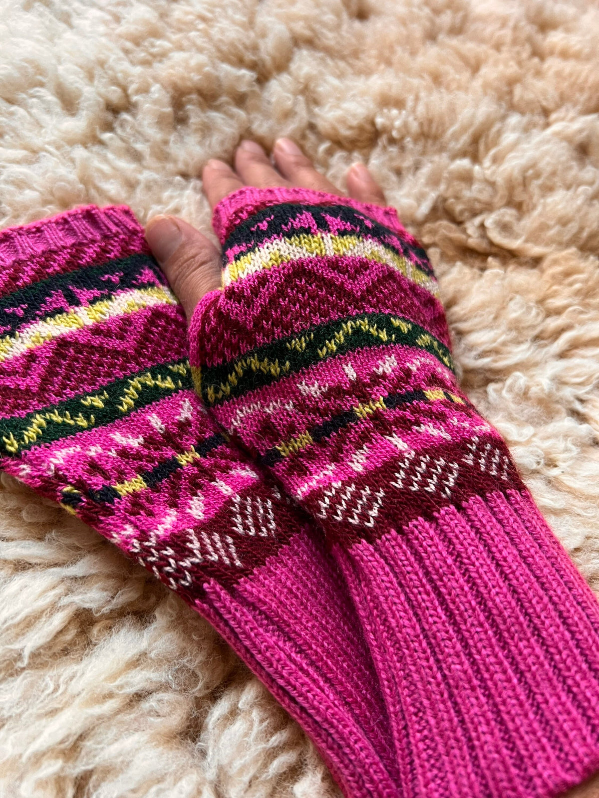 Pink & Cream Fair Isle Long-Cuff Alpaca Fingerless Gloves, photo 5