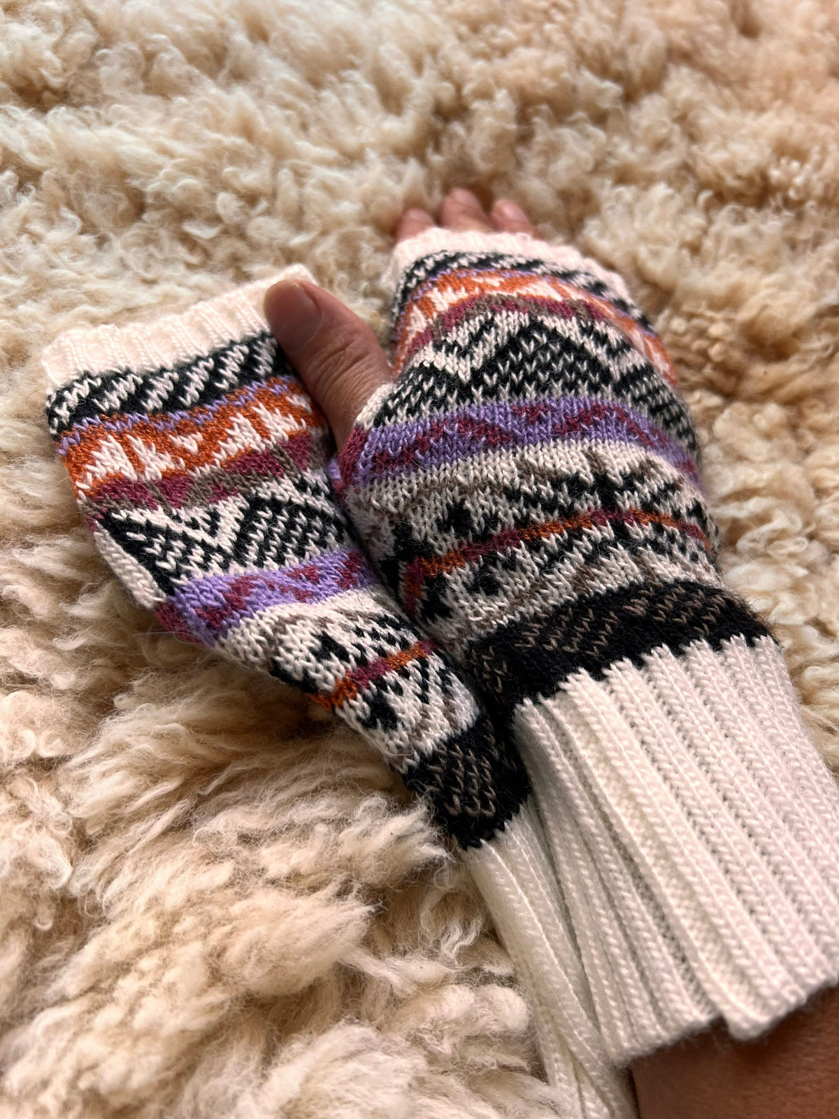 Pink & Cream Fair Isle Long-Cuff Alpaca Fingerless Gloves, photo 4