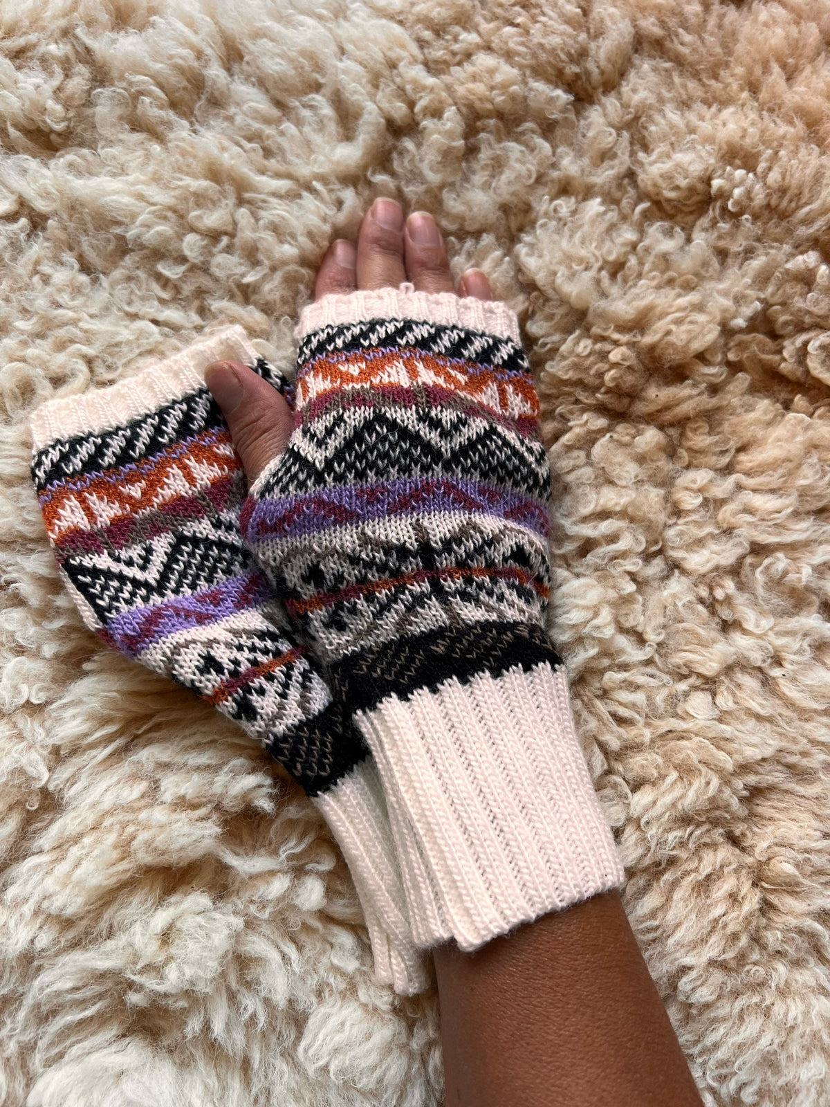 Pink & Cream Fair Isle Long-Cuff Alpaca Fingerless Gloves, photo 7