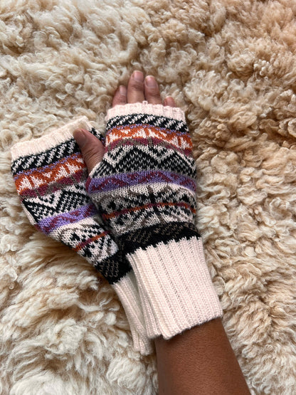 Pink & Cream Fair Isle Long-Cuff Alpaca Fingerless Gloves, photo 7