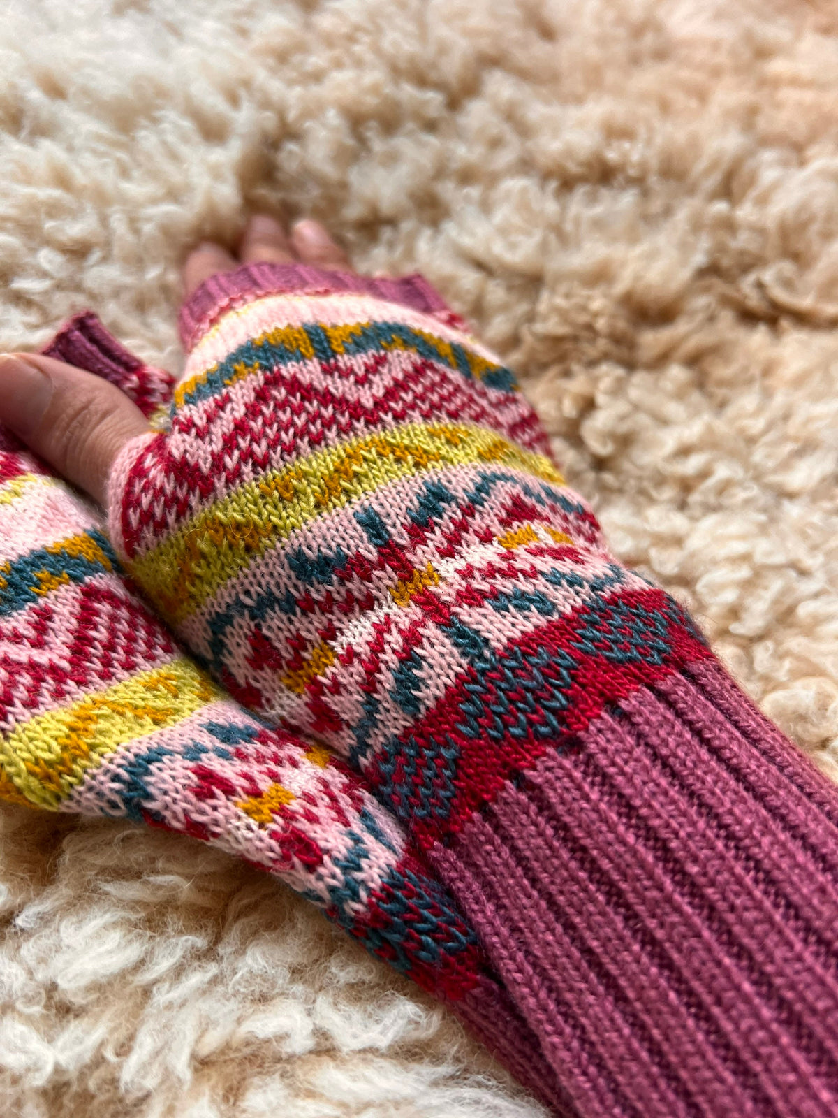 Pink & Cream Fair Isle Long-Cuff Alpaca Fingerless Gloves, photo 6