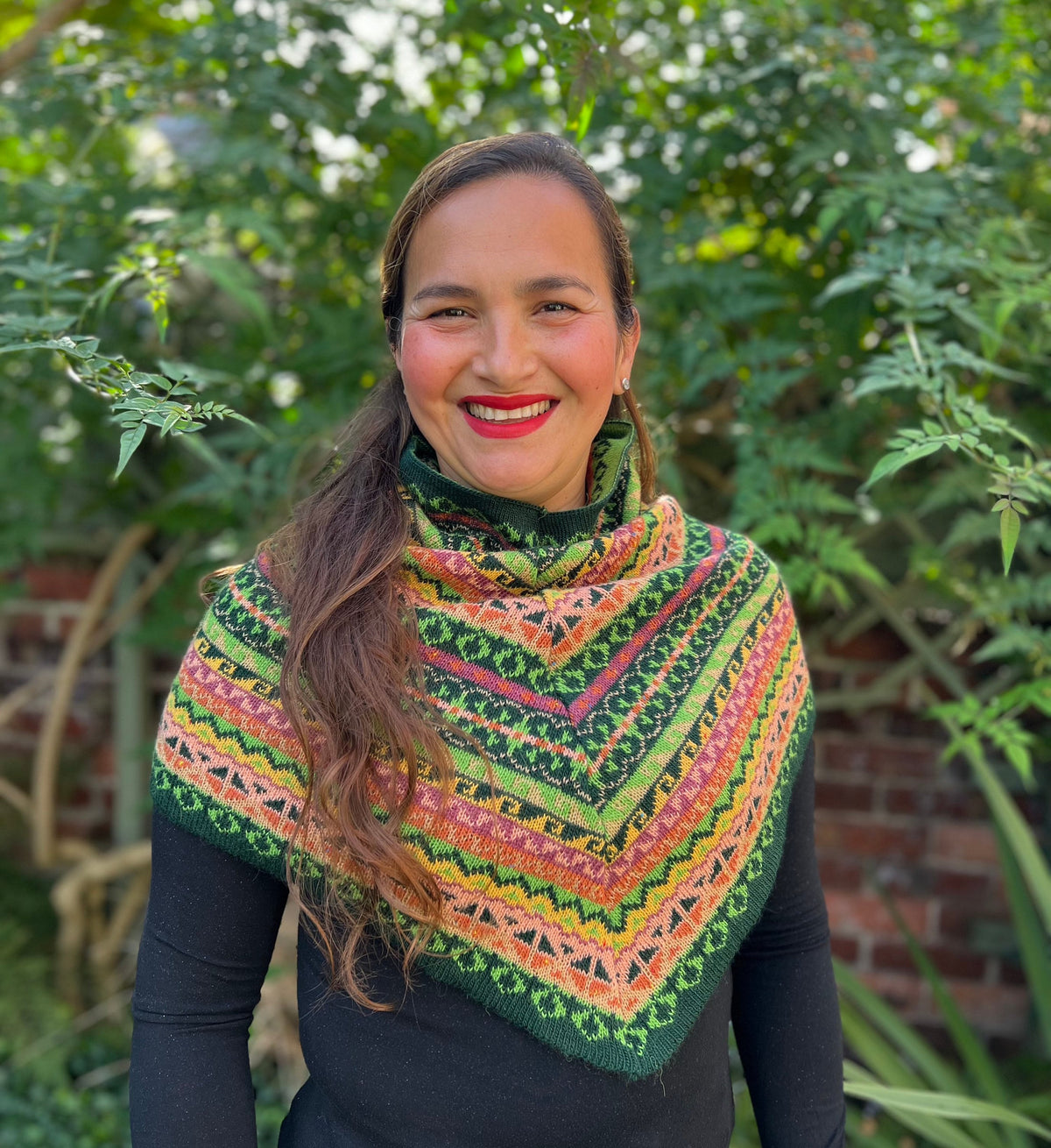 Green & Coral Fair Isle Alpaca Blend Snood Shawl, photo 3