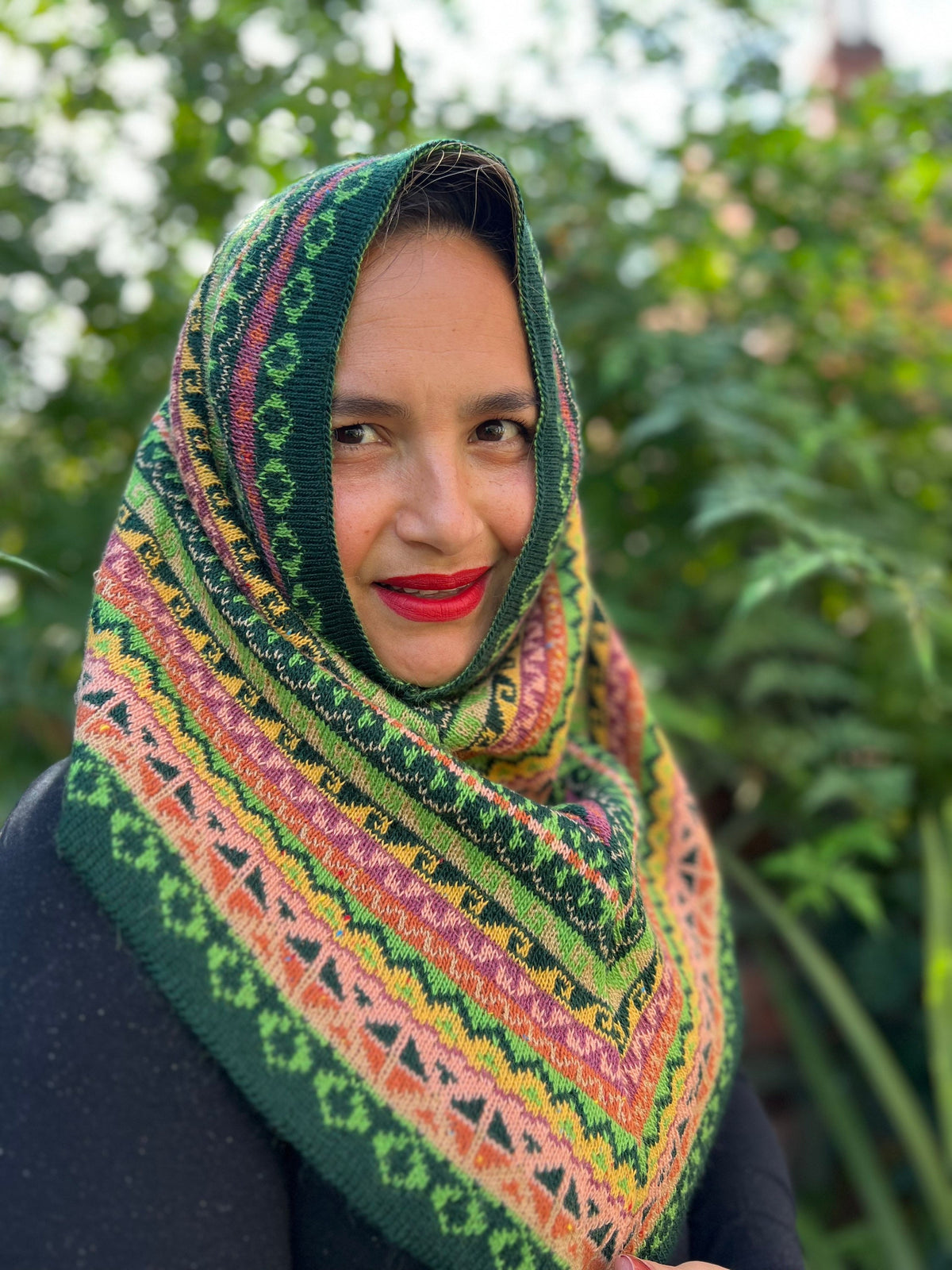 Green & Coral Fair Isle Alpaca Blend Snood Shawl, photo 4