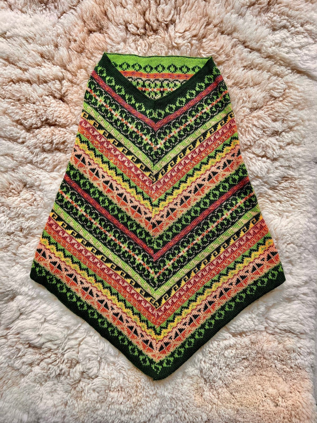 Green & Coral Fair Isle Alpaca Blend Snood Shawl