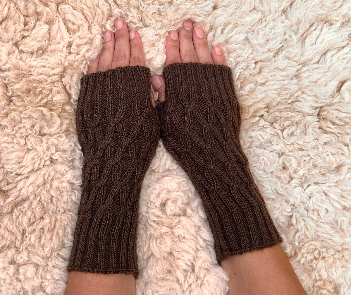 Chocolate Brown Cable Knit Alpaca Fingerless Gloves, photo 2