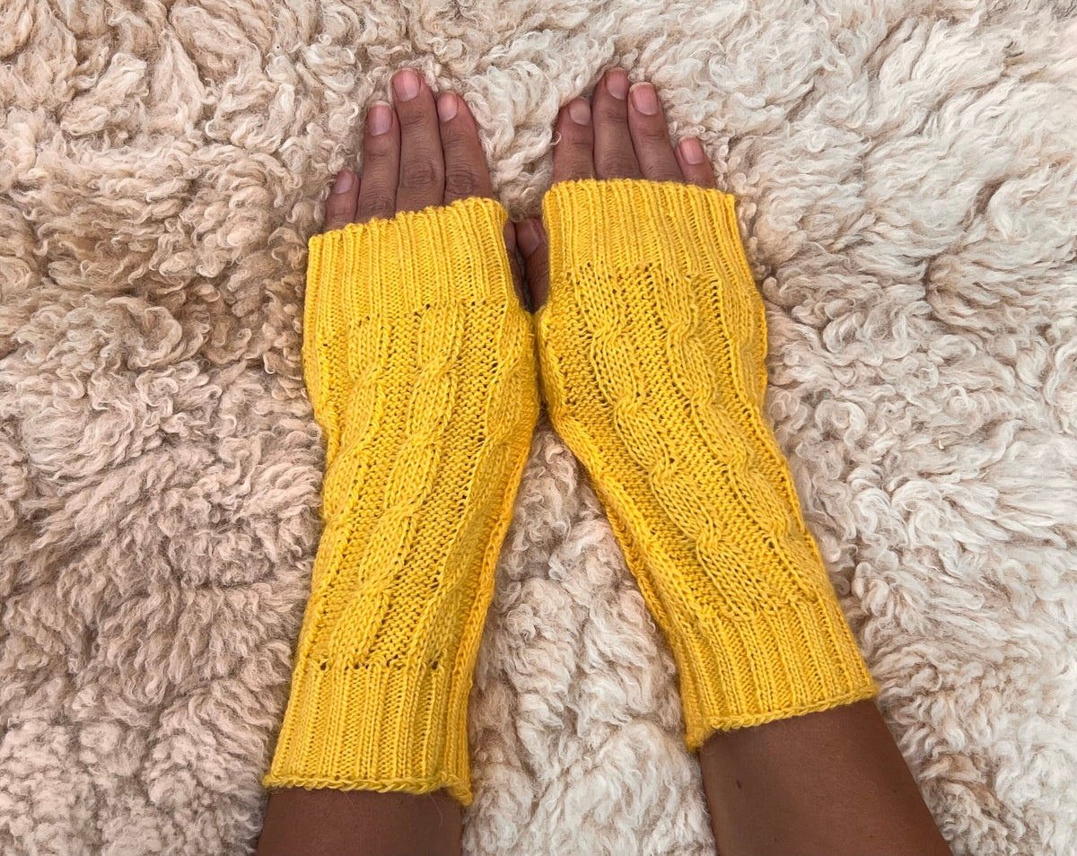 Sunshine Yellow Cable Knit Alpaca Fingerless Gloves