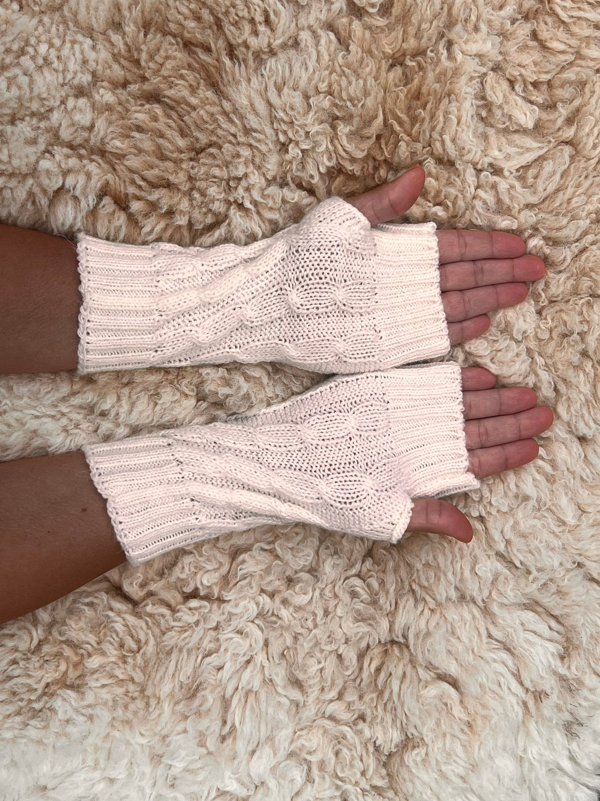 Ivory White Cable Knit Alpaca Fingerless Gloves, photo 3