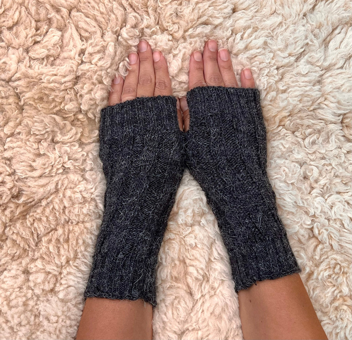 Charcoal Grey Cable Knit Alpaca Fingerless Gloves, photo 6