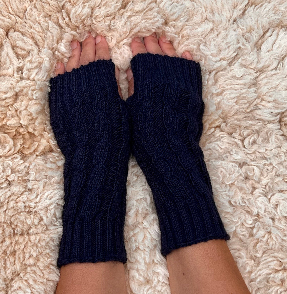 Navy Blue Cable Knit Alpaca Fingerless Gloves, photo 5