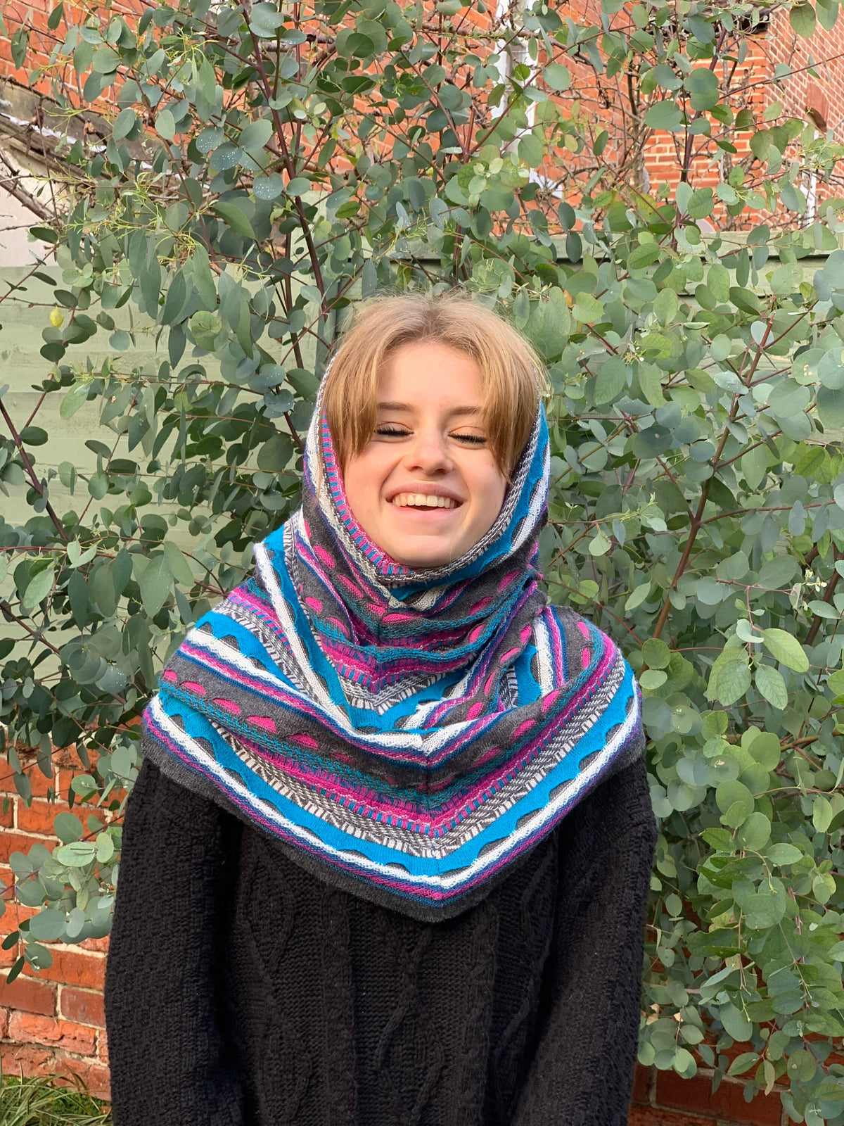 Turquoise & Pink Textured Stripe Alpaca Blend Snood, photo 5