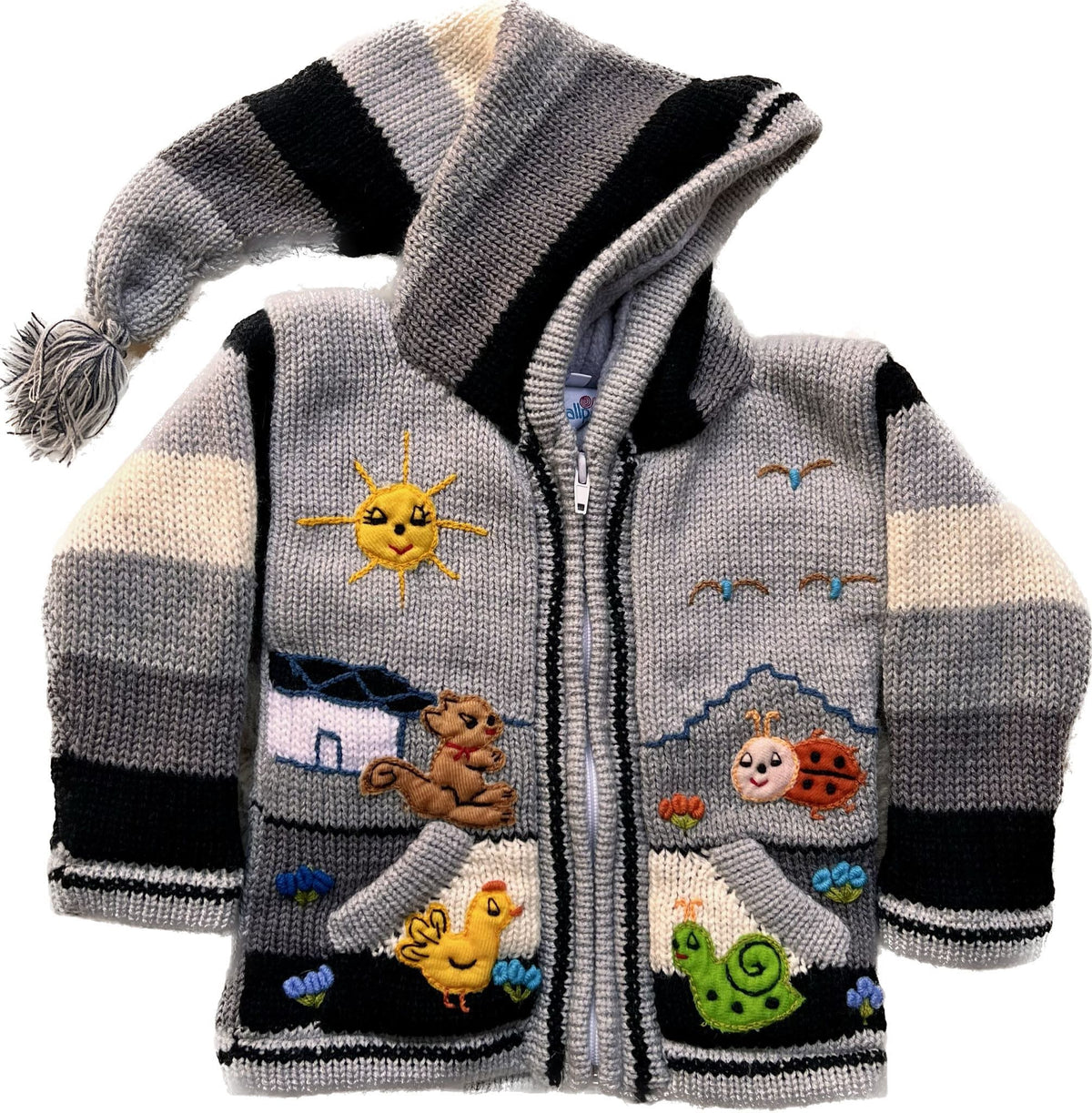 Grey Stripe Pixie Hood Hand-Embroidered Kids Cardigan, photo 5
