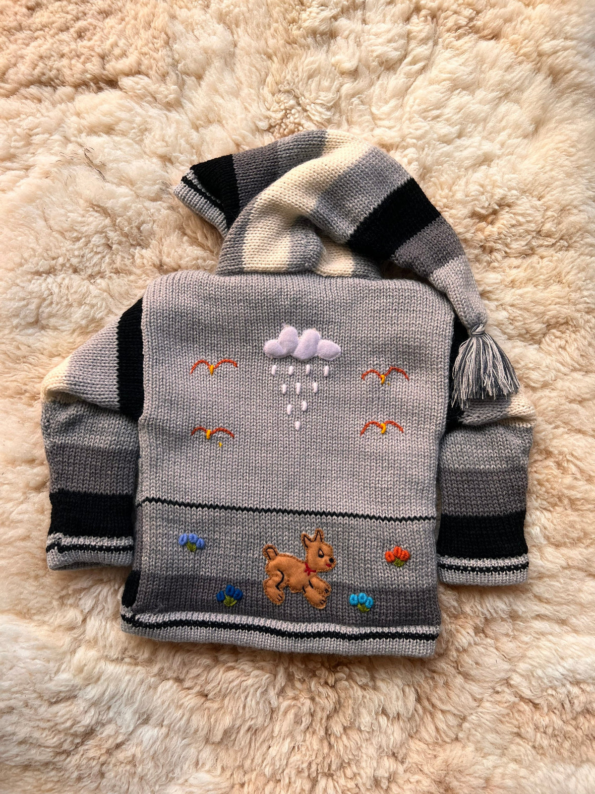 Grey Stripe Pixie Hood Hand-Embroidered Kids Cardigan, photo 3