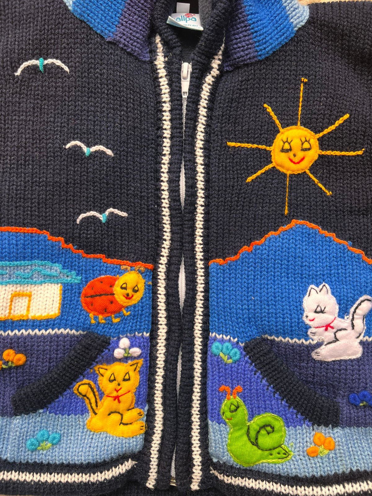 Navy Pixie Hood Hand-Embroidered Kids Cardigan, photo 4