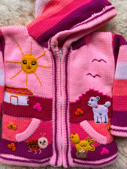 Pink & Plum Pixie Hood Hand-Embroidered Kids Cardigan, photo 3