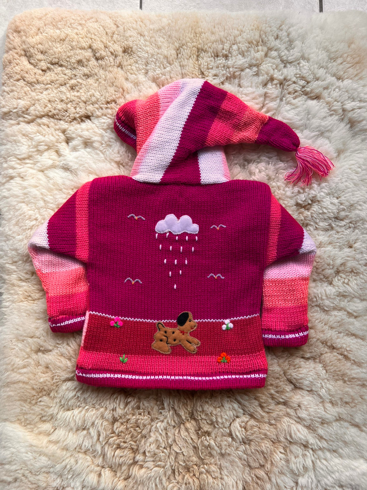 Raspberry Pink Pixie Hood Hand-Embroidered Kids Cardigan, photo 2