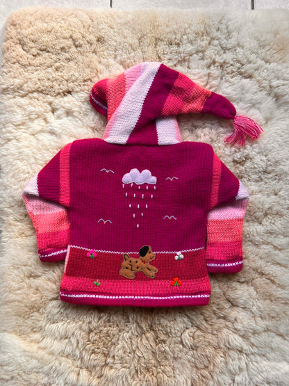 Raspberry Pink Pixie Hood Hand-Embroidered Kids Cardigan, photo 2