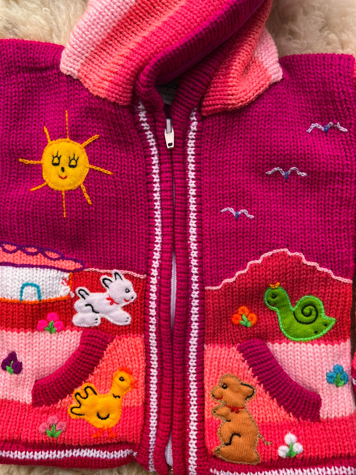 Raspberry Pink Pixie Hood Hand-Embroidered Kids Cardigan, photo 3