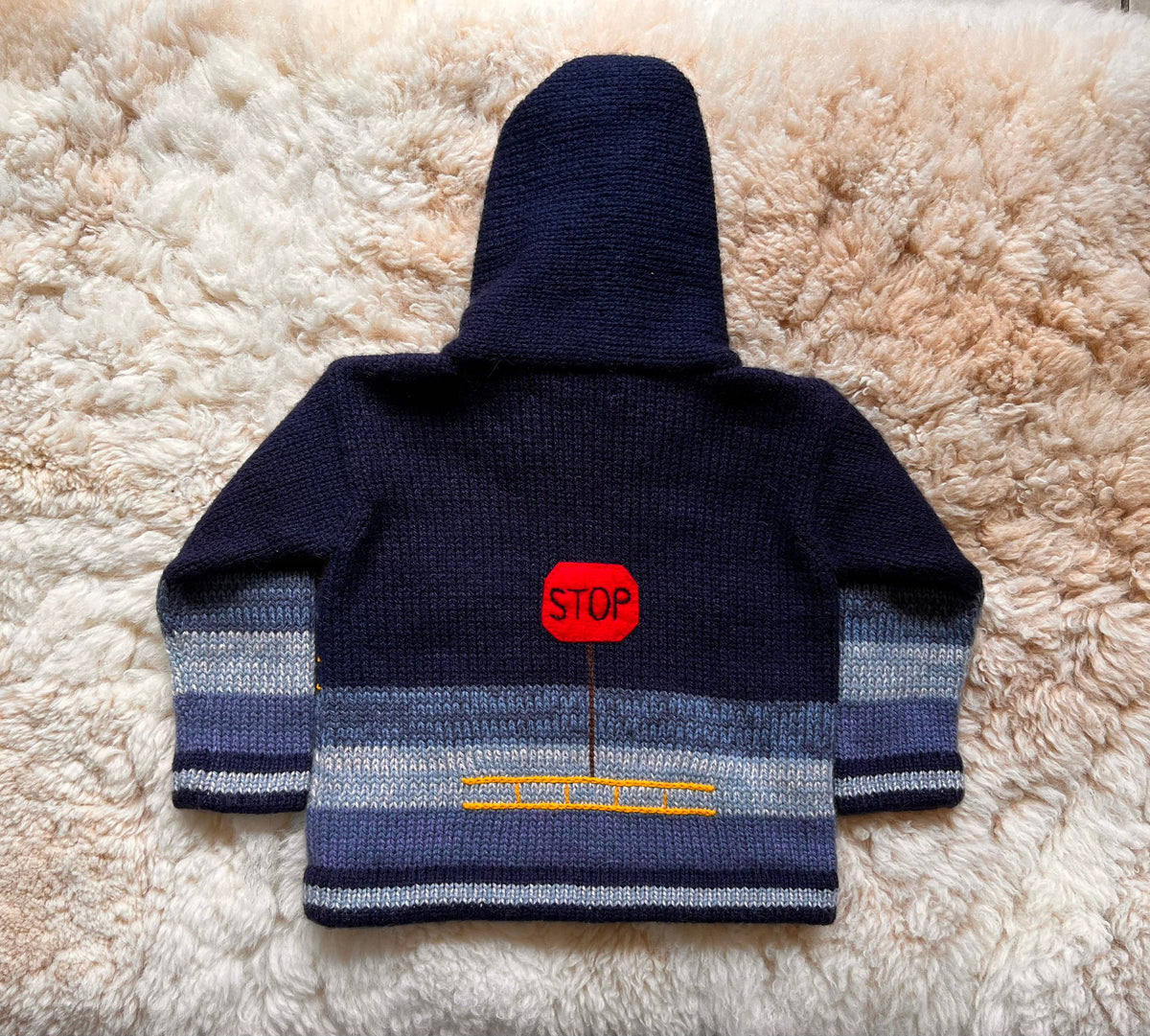 Navy & Grey Train Appliqué Alpaca-Blend Kids Cardigan, photo 2