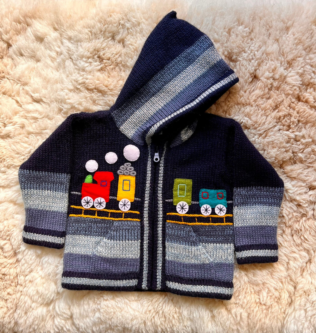 Navy & Grey Train Appliqué Alpaca-Blend Kids Cardigan, photo 3