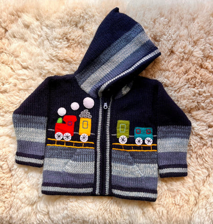 Navy & Grey Train Appliqué Alpaca-Blend Kids Cardigan, photo 3
