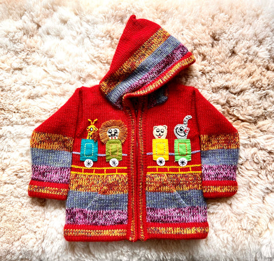 Red Circus Train Alpaca-Blend Kids Cardigan