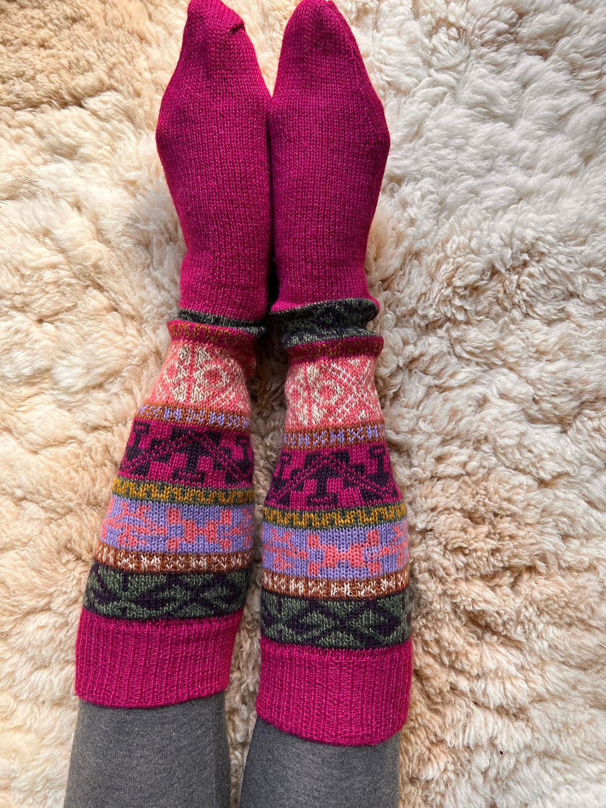 Pink Fair Isle Knee-High Alpaca Wellie Socks, photo 2
