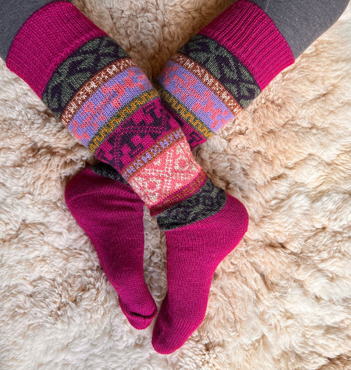 Pink Fair Isle Knee-High Alpaca Wellie Socks, photo 3
