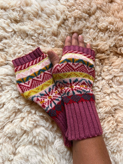Pink & Cream Fair Isle Long-Cuff Alpaca Fingerless Gloves, photo 3