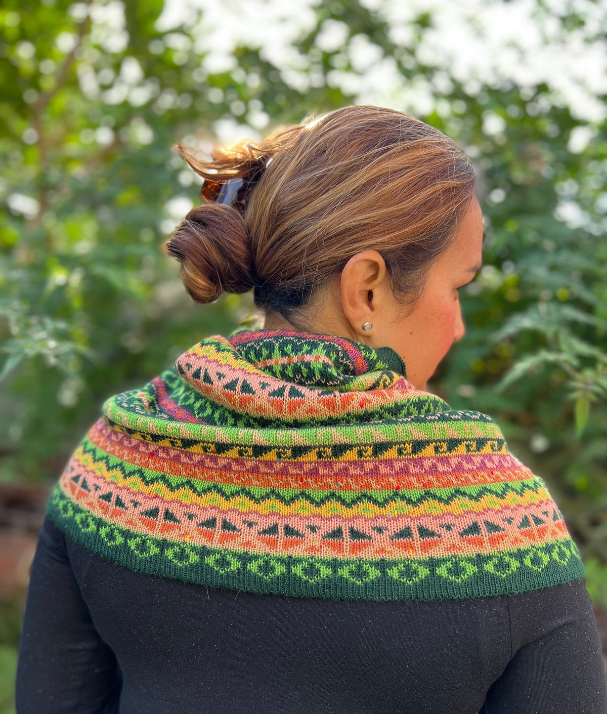 Green & Coral Fair Isle Alpaca Blend Snood Shawl, photo 5