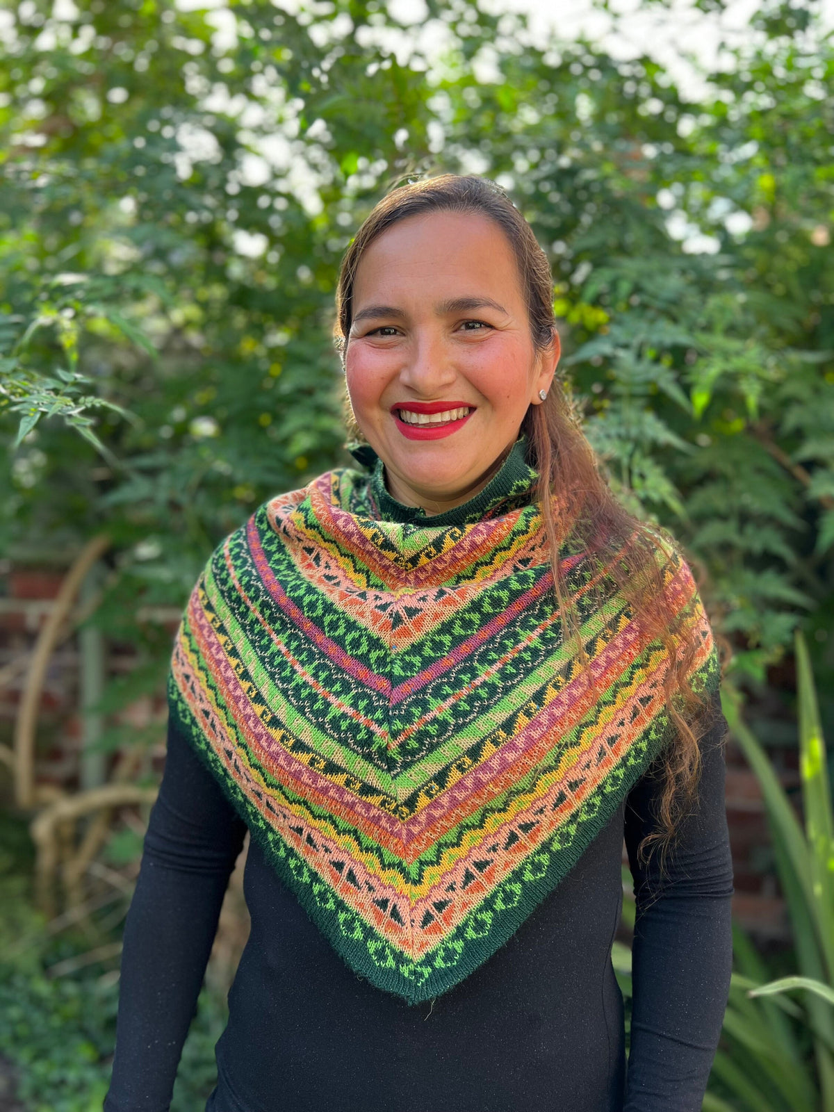 Green & Coral Fair Isle Alpaca Blend Snood Shawl, photo 6