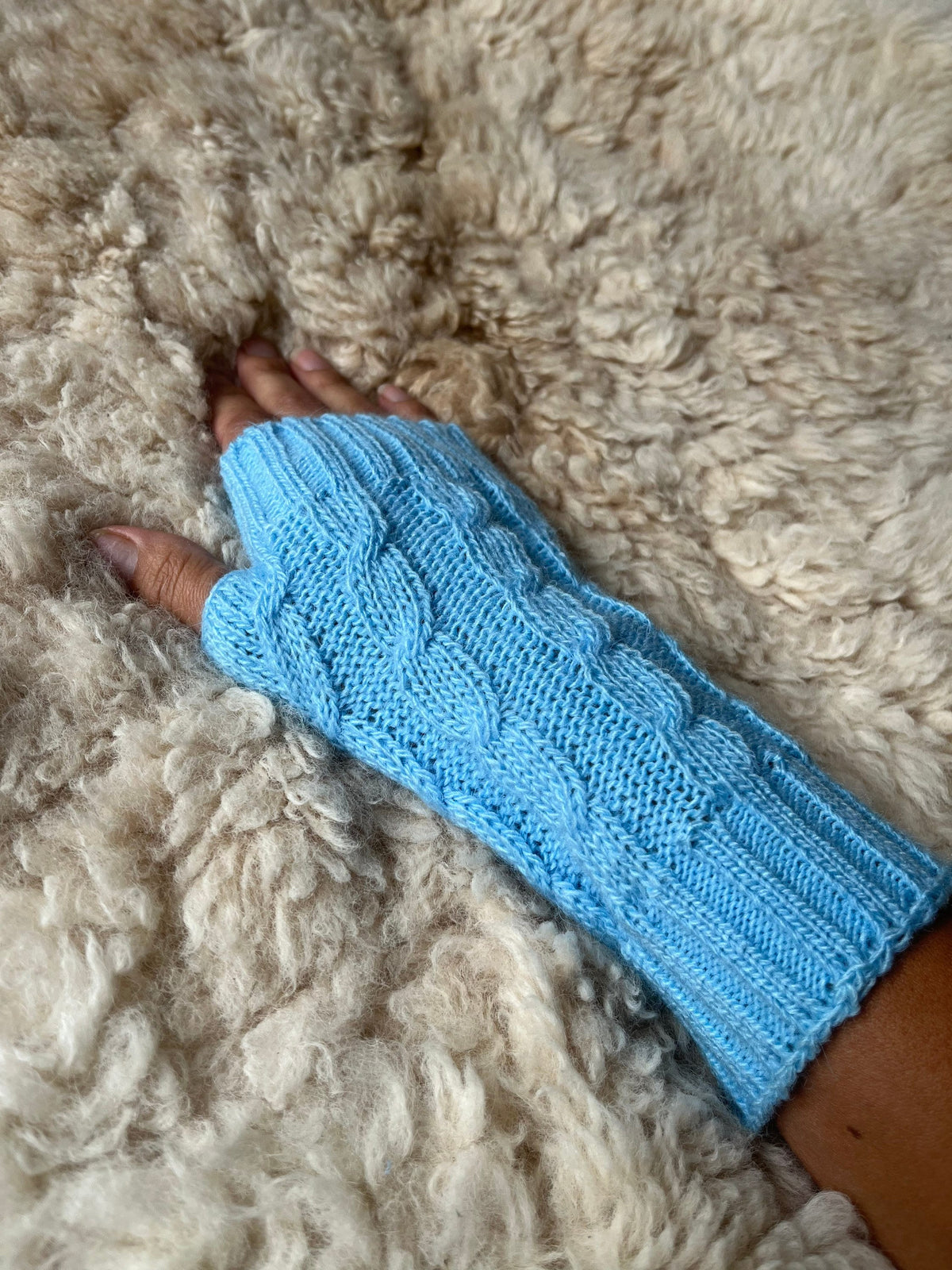 Baby Blue Cable Knit Alpaca Fingerless Gloves, photo 5