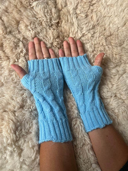 Baby Blue Cable Knit Alpaca Fingerless Gloves, photo 4