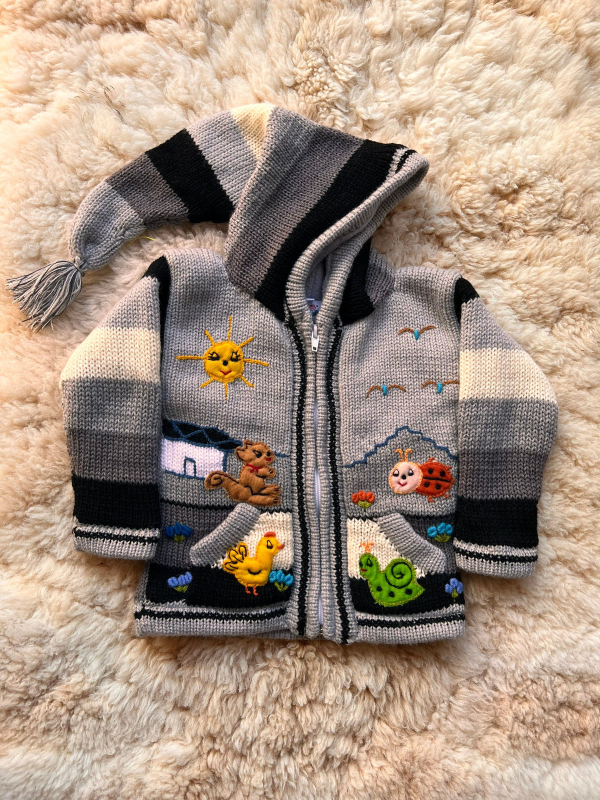 Grey Stripe Pixie Hood Hand-Embroidered Kids Cardigan