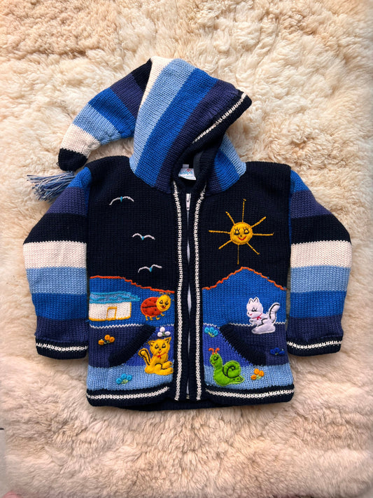 Navy Pixie Hood Hand-Embroidered Kids Cardigan