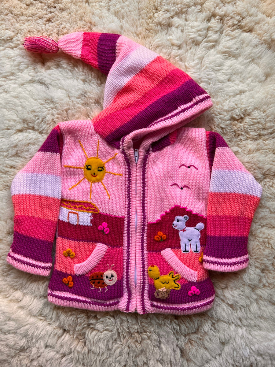 Pink & Plum Pixie Hood Hand-Embroidered Kids Cardigan