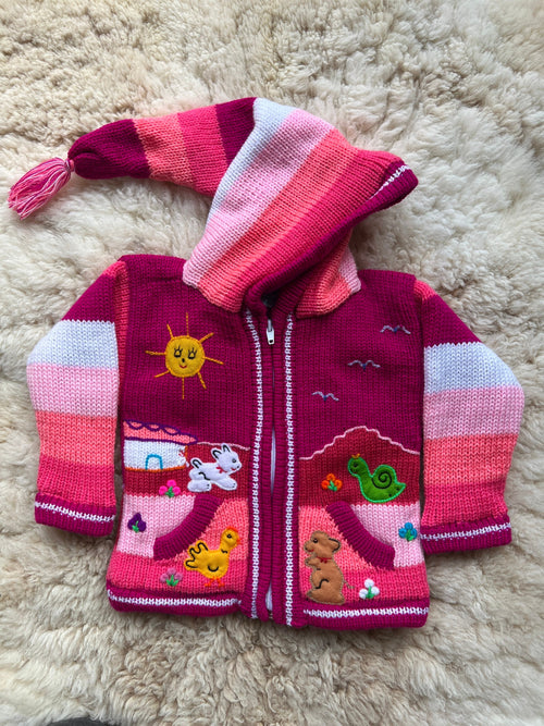 Raspberry Pink Pixie Hood Hand-Embroidered Kids Cardigan