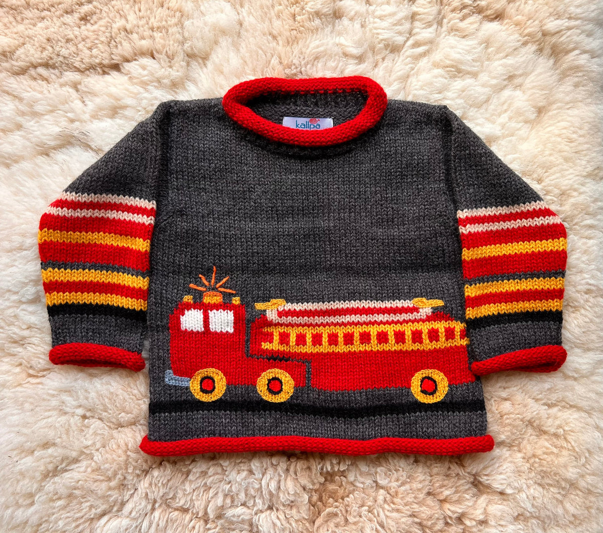 Charcoal Grey Fire Engine Hand-Embroidered Alpaca Kids Jumper