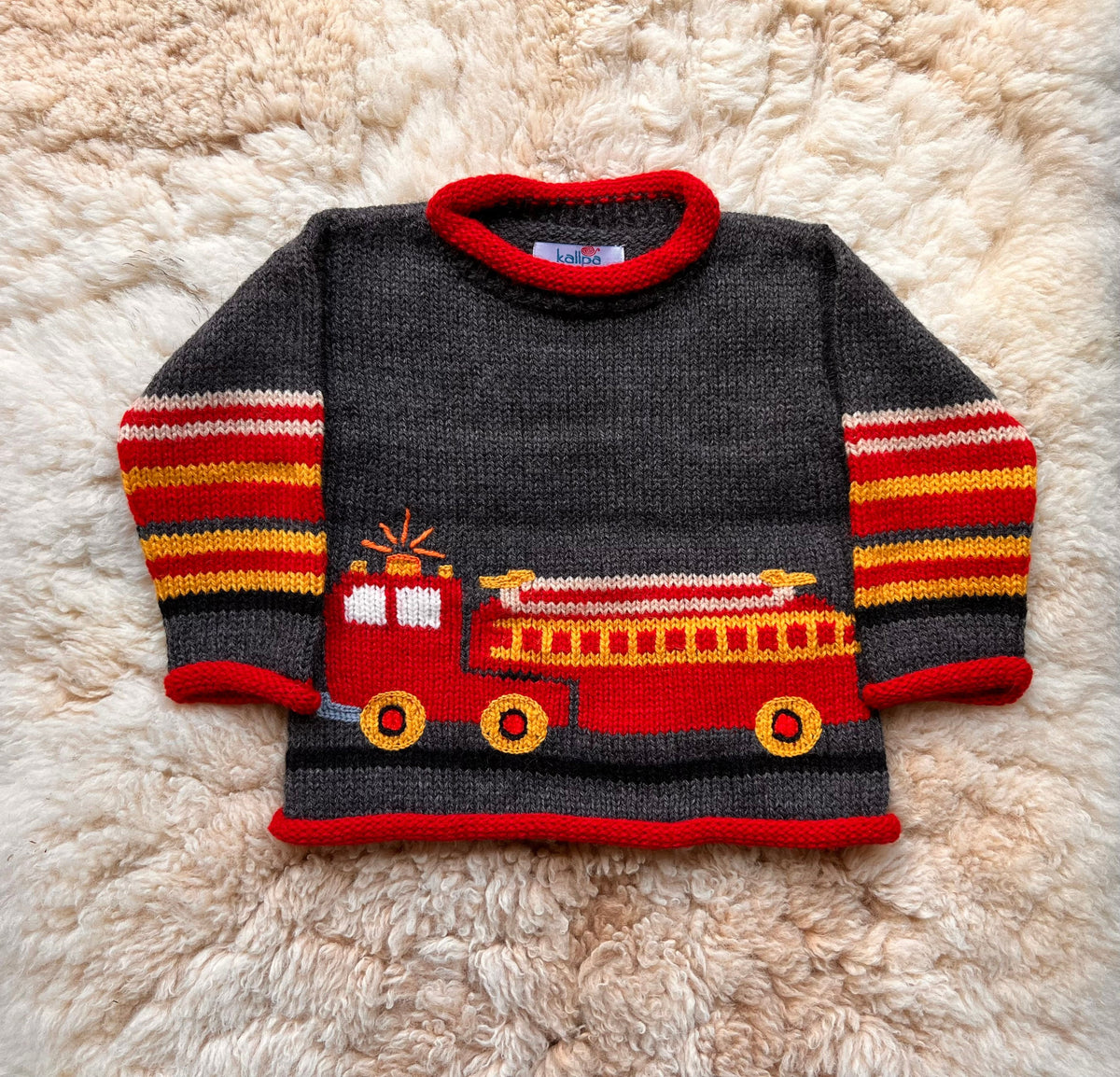 Charcoal Grey Fire Engine Hand-Embroidered Alpaca Kids Jumper, photo 3