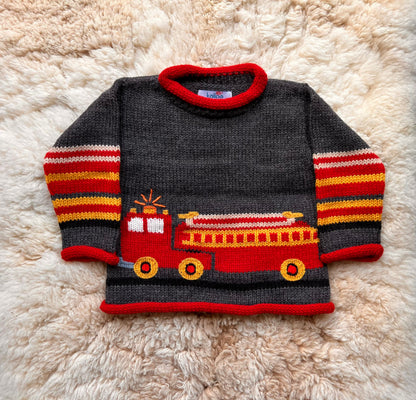 Charcoal Grey Fire Engine Hand-Embroidered Alpaca Kids Jumper, photo 3