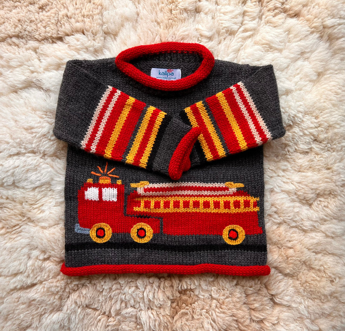 Charcoal Grey Fire Engine Hand-Embroidered Alpaca Kids Jumper, photo 2