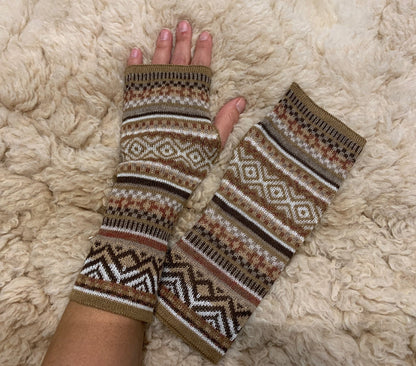 Camel & Cream Fair Isle Baby Alpaca Fingerless Gloves, photo 3