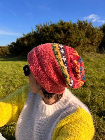 Salmon Pink Fair Isle Alpaca Slouch Beanie, photo 4