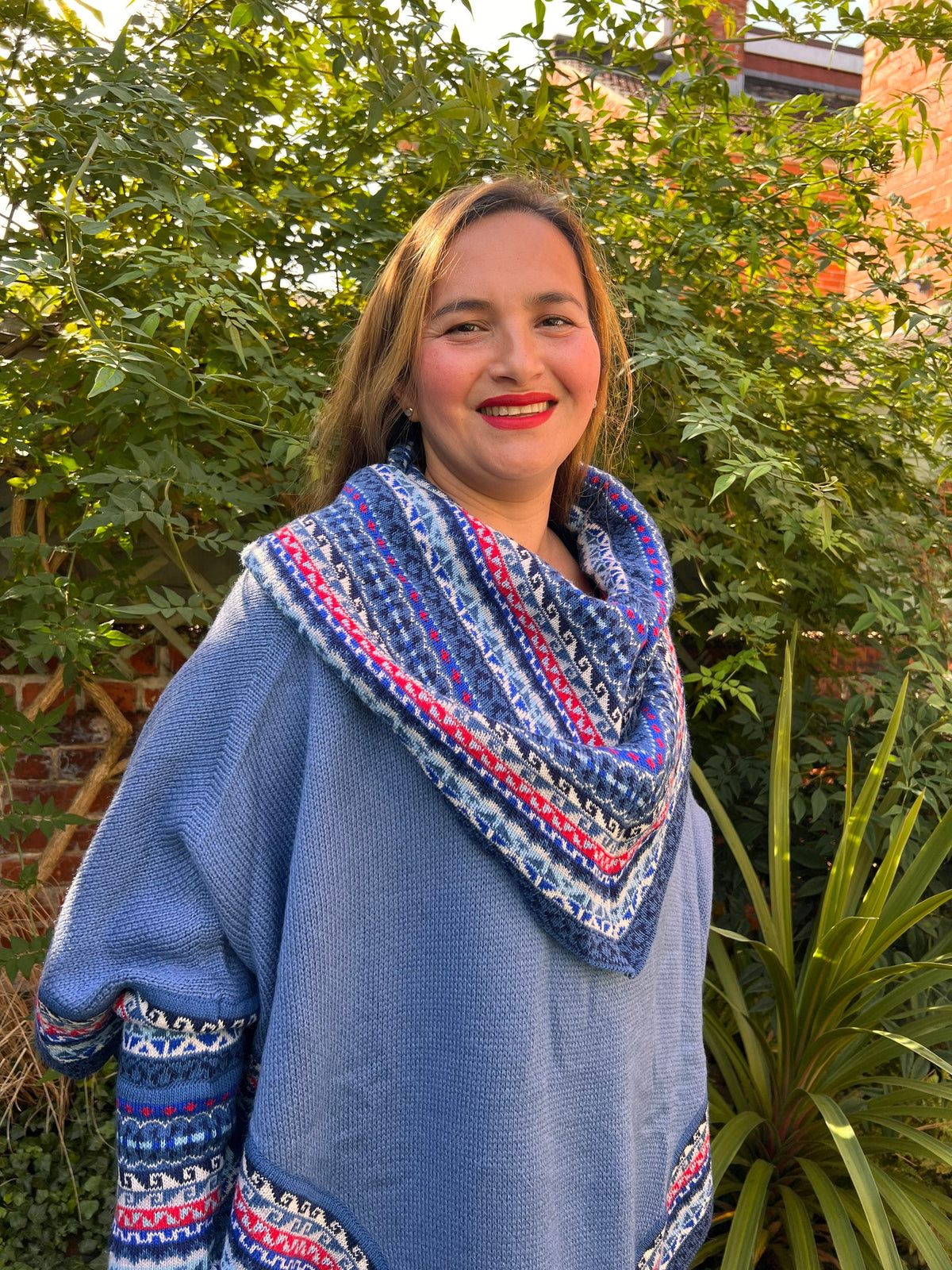 Denim Blue & Pink Fair Isle Alpaca Poncho with Sleeves, photo 4