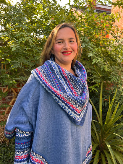 Denim Blue & Pink Fair Isle Alpaca Poncho with Sleeves, photo 4