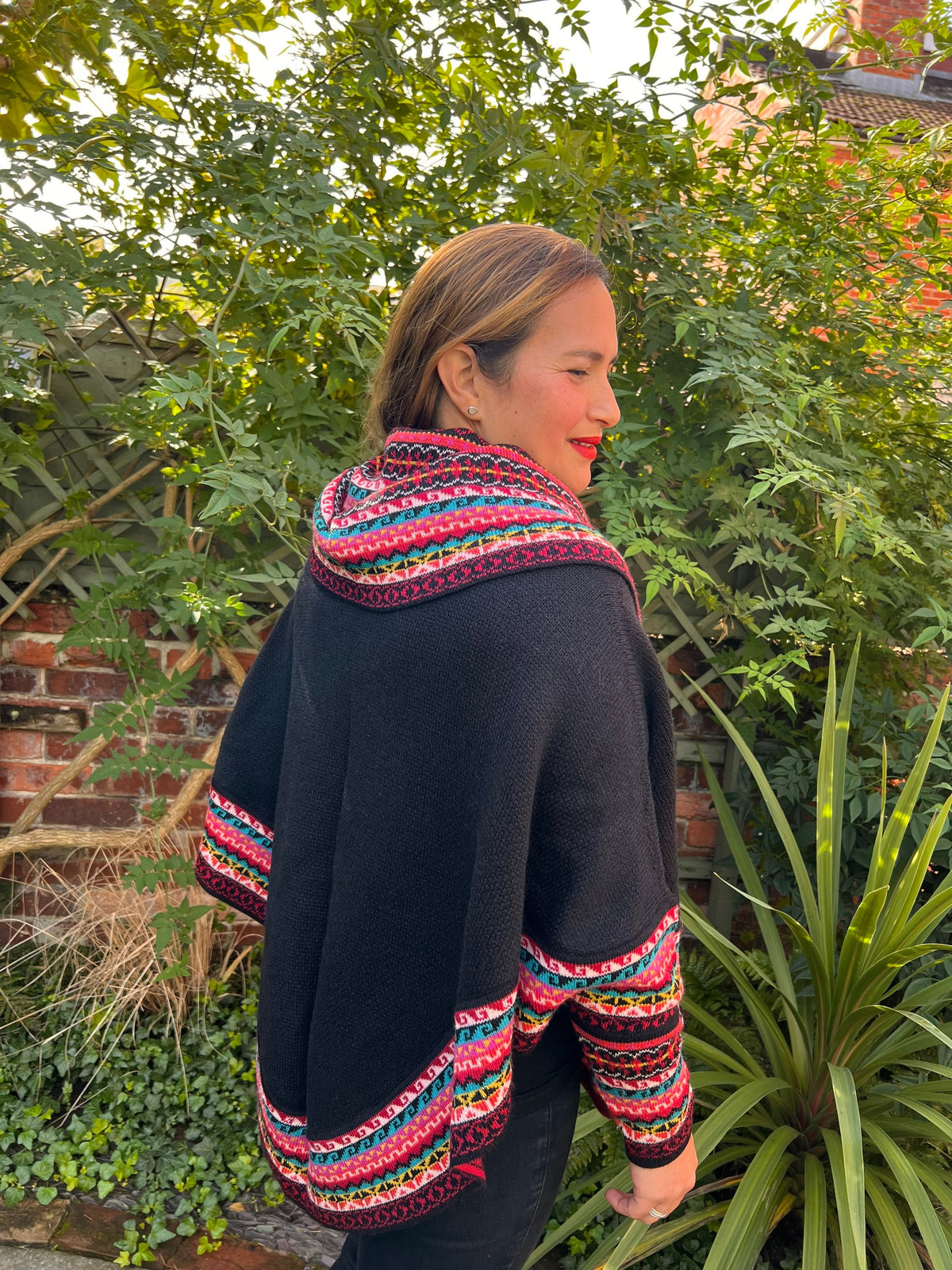Black & Pink Fair Isle Alpaca Poncho with Sleeves, photo 5